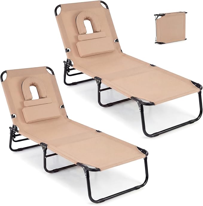 COSTWAY Tanning Chair with Face Hole, Pillows & Adjustable Backrest, Portable with Carrying Bag, Folding Beach Chaise Lounge for Sunbathing, Seaside (2, Beige)