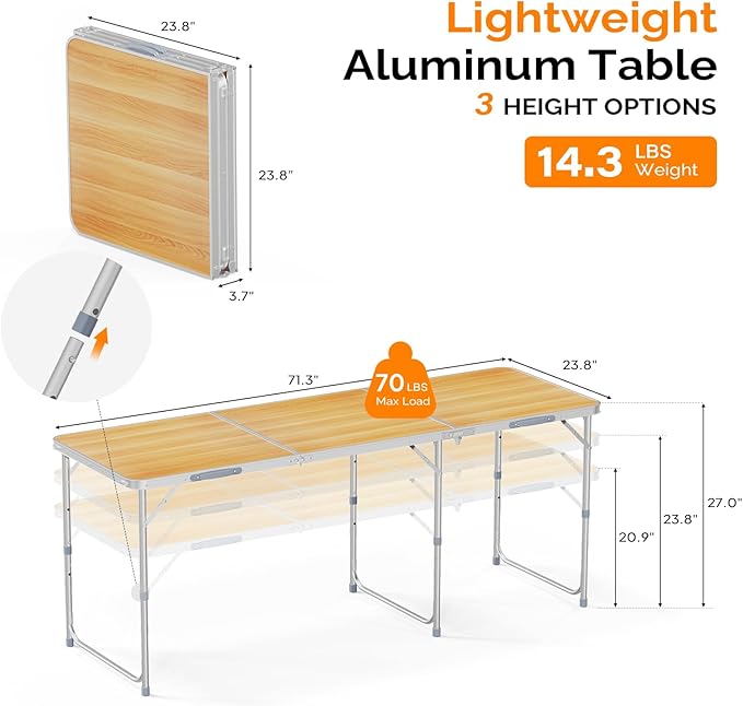 VINGLI 6ft Folding Camping Table with Carry Handle - Photo 2