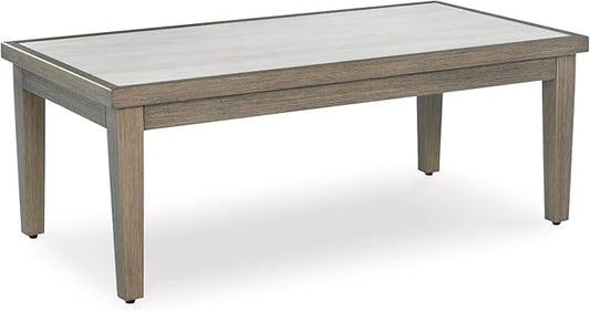 Signature Design by Ashley Rainier Ranch Contemporary Weather Resistant Outdoor Coffee Table with Sintered Stone Top, Light Brown & Beige