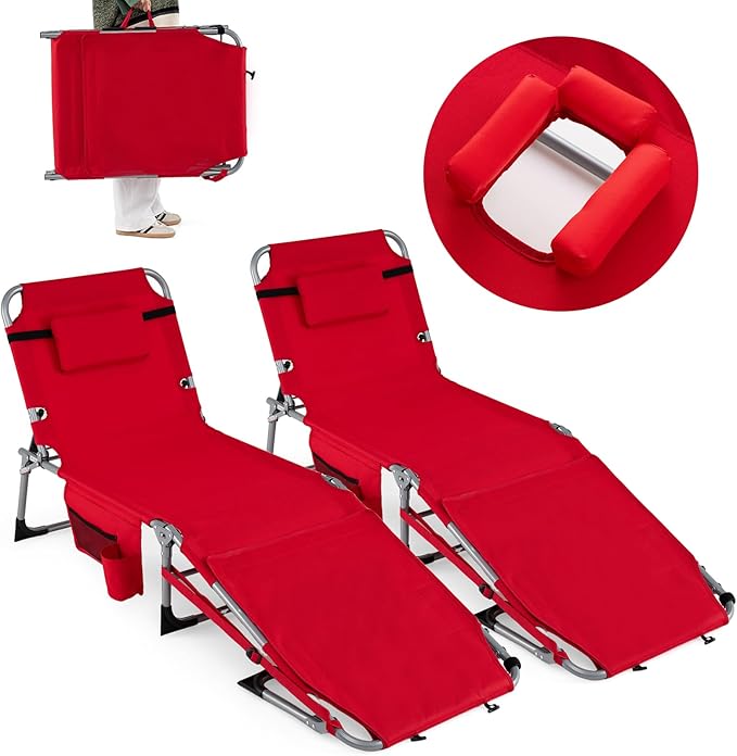 Goplus Tanning Chair with Face Arm Holes, Portable Sunbathing Chair w/4-Level Backrest, Head Pillow - Photo 4