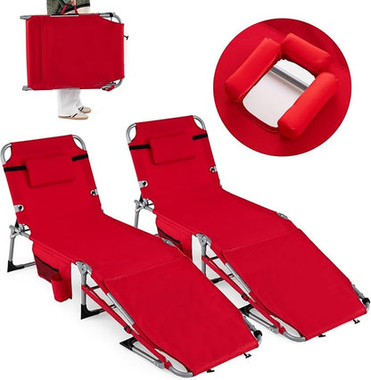 Goplus Tanning Chair with Face Arm Holes, Portable Sunbathing Chair w/4-Level Backrest, Head Pillow, Patio Lay Flat Folding Chaise Lounge with Side Pocket, Shoulder Strap for Pool Beach (1,Red)