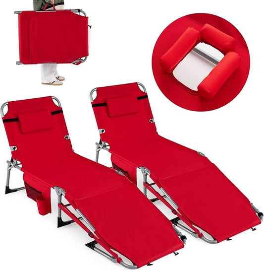 Goplus Tanning Chair with Face Arm Holes, Portable Sunbathing Chair w/4-Level Backrest, Head Pillow, Patio Lay Flat Folding Chaise Lounge with Side Pocket, Shoulder Strap for Pool Beach (2,Red)