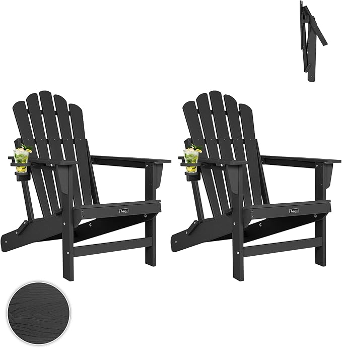 FUNBERRY Folding Adirondack Chairs Set of 2, All Weather HDPE Wood Texture Fire Pit Chairs with Cup Holder for Outdoor - Photo 1