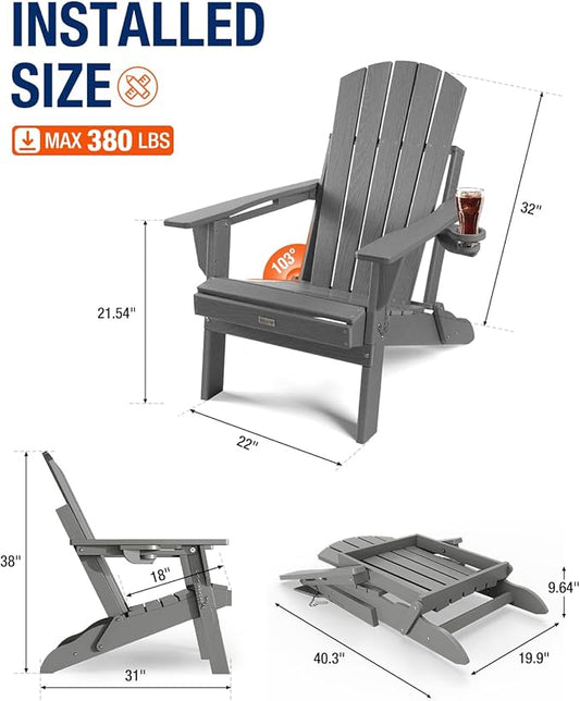 Adirondack Chair with Cup Holder: Folding Adirondack Chairs Plastic HDPE Material Furniture - Composite Fire Pit Chairs Foldable for Outdoor/Backyard/Garden/Lawn/Deck/Porch/Patio