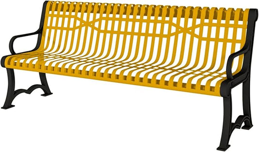 COATEDOUTDOORFURNITURE Coated Outdoor Furniture Heavy-Duty Outdoor Bench Thermoplastic Coated, Slatted Steel, Commercial-Grade Garden Bench, Made in America (Portable with Back, 4 Ft, Yellow)