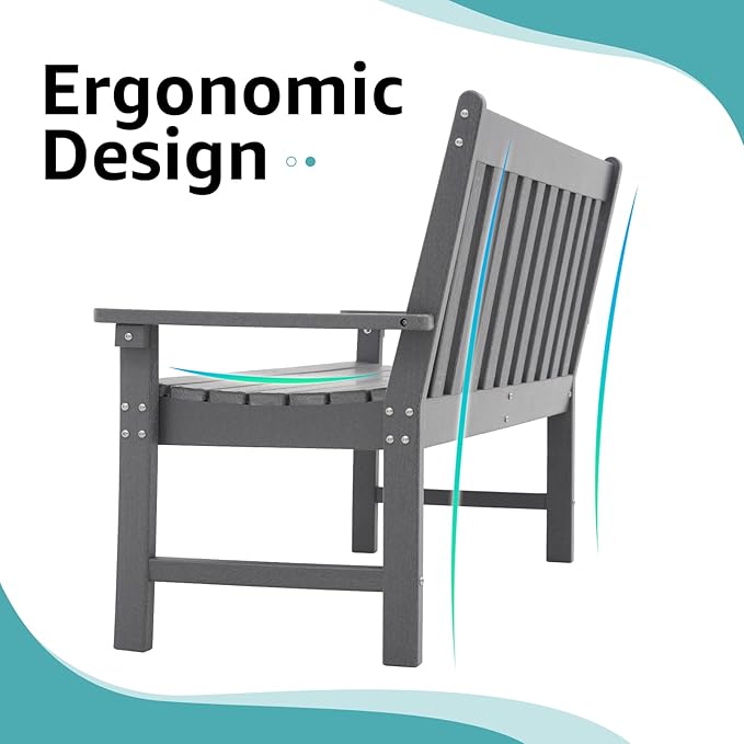 COBANA Outdoor Garden Bench, All Weather HDPE Patio Porch Bench with Faux Wood Grain Pattern, 2-Person Seat for Lawn, Park, Backyard, Entryway, Dark Gray