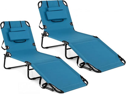 Tangkula Beach Lounge Chair, Folding Sunbathing Recliner with Face Hole, Face Down Tanning Chair with 4-Level Adjustable Backrest & 3 Removable Pillows, Chaise Lounge Chair for Patio (2, Blue)