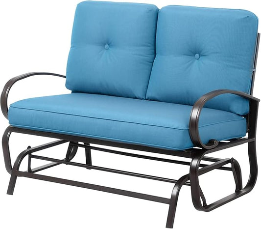 Shintenchi Metal Outdoor Patio Swing Glider Bench, Loveseat Rocking Chair, Wrought Iron Patio Furniture Steel Frame Glider Chair with Cushion for Porch, Balcony, Garden(Ocean Blue)