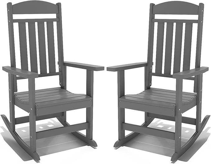 Outdoor Rocking Chairs Set of 2, Oversized High Back Patio Rocking Chairs, All Weather Porch Rocking Chairs for Outside. Dark Grey