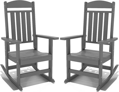 Outdoor Rocking Chairs Set of 2, Oversized High Back Patio Rocking Chairs, All Weather Porch Rocking Chairs for Outside. Dark Grey