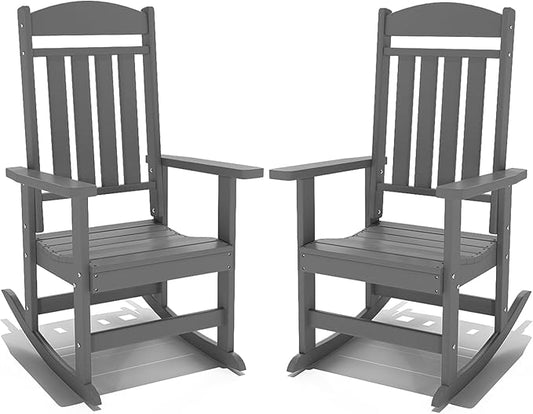 Outdoor Rocking Chairs Set of 2, Oversized High Back Patio Rocking Chairs, All Weather Porch Rocking Chairs for Outside. Dark Grey