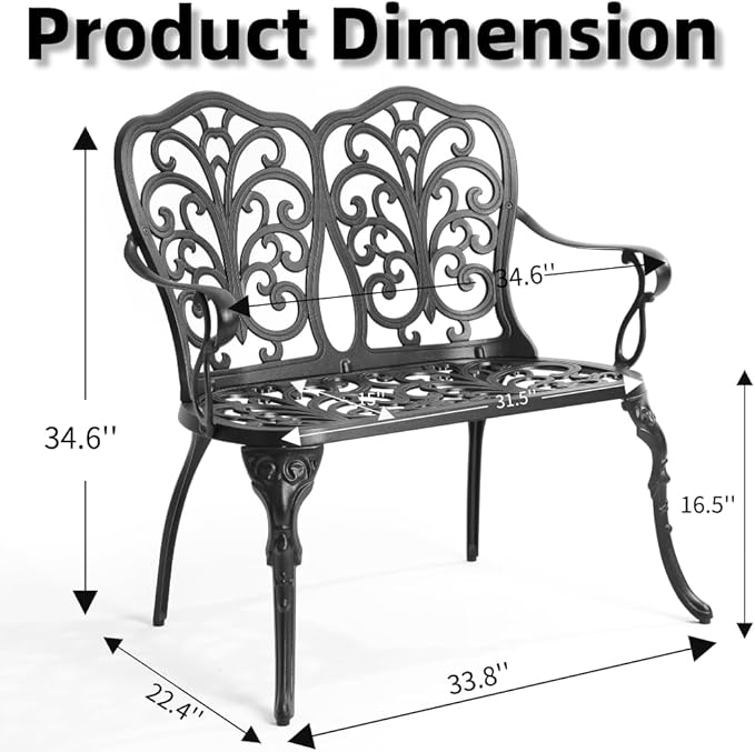 Patio Aluminum Outdoor Bench, Garden Metal Loveseat Furniture, Vintage Carving Antique Black Front Porch Chair Seat