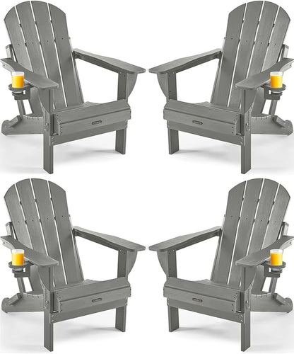 Ciokea Folding Adirondack Chair Wood Texture 4 Pack, Patio Adirondack Chair Weather Resistant, Plastic Fire Pit Chair with Cup Holder, Lawn Chair for Outdoor Porch Garden Backyard Deck (Grey)