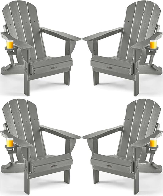 Ciokea Folding Adirondack Chair Wood Texture 4 Pack, Patio Adirondack Chair Weather Resistant, Plastic Fire Pit Chair with Cup Holder, Lawn Chair for Outdoor Porch Garden Backyard Deck (Grey)