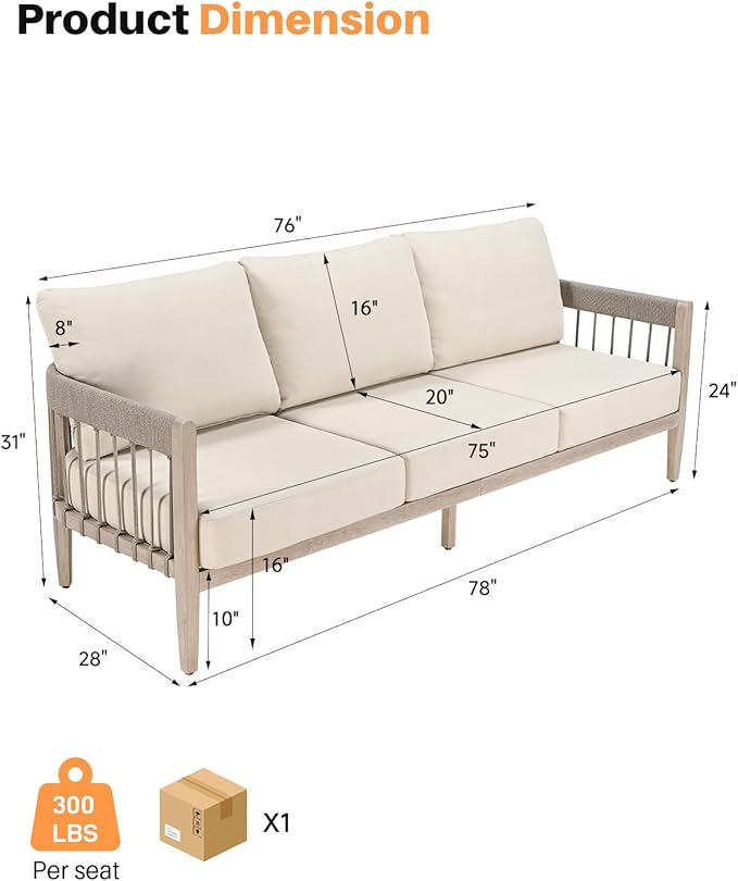 3-Seater Outdoor Aluminum Sofa, Never-Rust Patio Sofa Couch with Faux Wood Grain Finish Frame, Rope Weave Outdoor Sofa - Photo 3