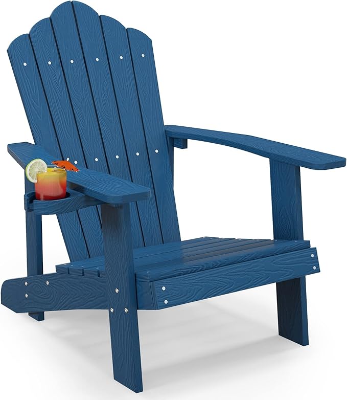Tangkula Oversized Adirondack Chair, Patio Lounge Chairs w/Adjustable Cup Holder, HIPS Armchairs Slatted Chair, Outdoor Weather Resistant Fire Pit Chair for Deck Backyard Garden Porch (1, Navy)
