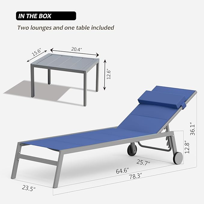 Domi Patio Chaise Lounge Set of 2 with Side Table, Adjustable Full Aluminum Pool Lounge Chairs with Wheels - Photo 7