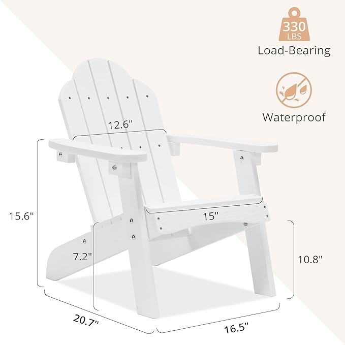 LUE BONA Kids Adirondack Chair Set of 2, White Poly Lumber Plastic Weather Resistant Toddler Outdoor Patio Lounge Chair for Balcony, Backyard