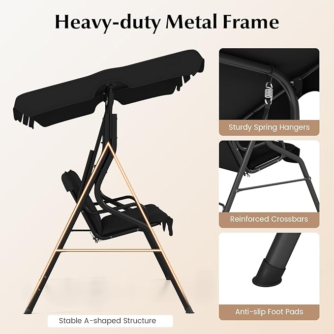 RELAX4LIFE 3-Person Porch Swing Chair - Outdoor Swing w/Adjustable Canopy, Removable Cushion & Metal Frame Stand - Photo 7