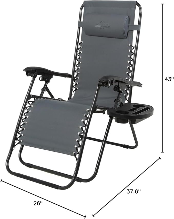 Heavy Duty Zero Gravity Chair with Adjustable Reclining, Large Side Table, Gray 600D Polyester - Photo 3