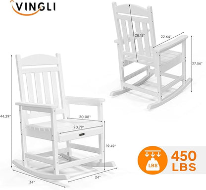VINGLI Outdoor Rocking Chair Set of 2, Patio Rocking Chair with Higher Backrest, Outdoor Rocker with Comfortable Seat, All Weather Rocking Chair for Garden, Yard, Balcony, White