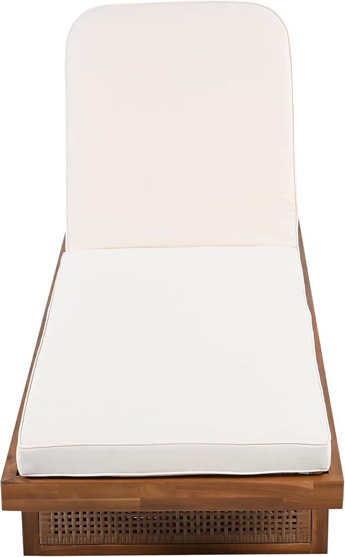 Christopher Knight Home Zusua Acacia Wood Patio Chaise Lounge with Cushion, Outdoor Patio Sun Lounger Recliner Chair, Adjustable Backrest Single Lounge Sofa with PE Rattan Accent, Natural+White