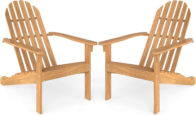 Tangkula Outdoor Adirondack Chair, Solid Acacia Wood Fire Pit Chair with Inclined Backrest, Curved Seat & Wide Armrests, Wooden Lawn Chair for Porch, Patio, Garden, Backyard, Deck (2, Natural)