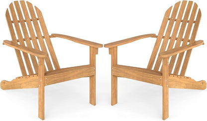Tangkula Outdoor Adirondack Chair, Solid Acacia Wood Fire Pit Chair with Inclined Backrest, Curved Seat & Wide Armrests, Wooden Lawn Chair for Porch, Patio, Garden, Backyard, Deck (2, Natural)