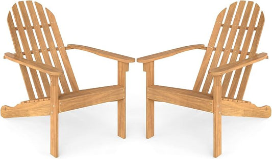 Tangkula Outdoor Adirondack Chair, Solid Acacia Wood Fire Pit Chair with Inclined Backrest, Curved Seat & Wide Armrests, Wooden Lawn Chair for Porch, Patio, Garden, Backyard, Deck (2, Natural)