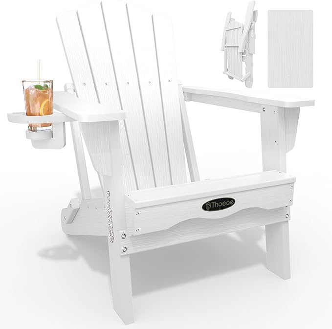 Folding Adirondack Chair,HDPE All-Weather Outdoor Chair with Cup Holder,Wooden Textured,Fire Pit Chair,Plastic Patio Chair for Deck,Backyard,Garden,Lawn(White)