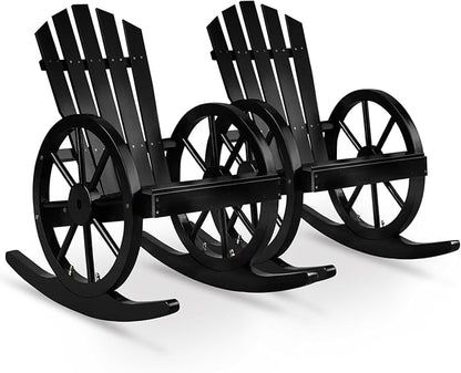 Outvita Adirondack Rocking Chair Set of 2, Wood Wagon Rocker, Outdoor Wooden Carbonized Lounge Chairs with Wheel Armrest for Garden Patio Country Porch(Black