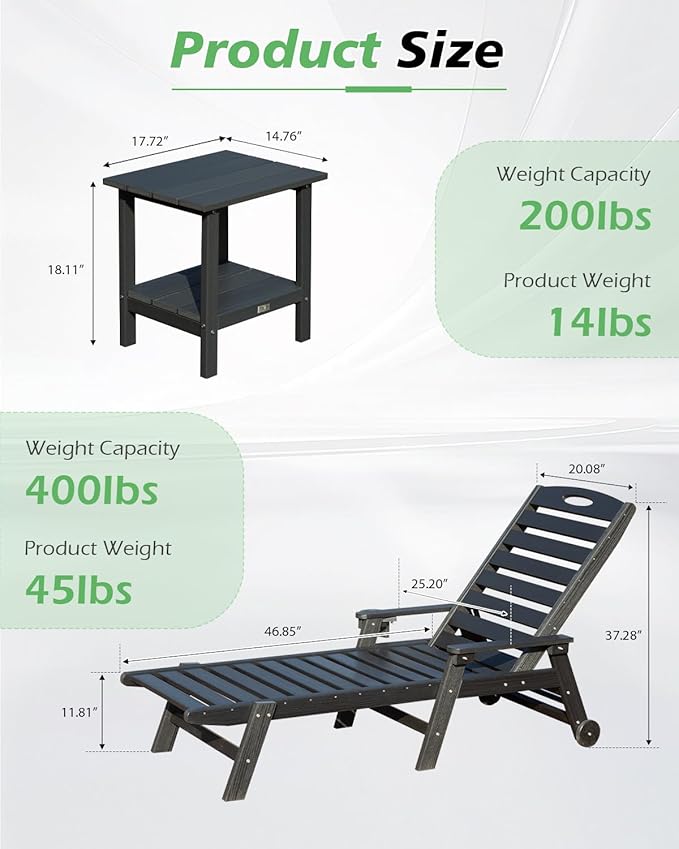 Domi Pool Lounge Chairs Set of 2 with Table, HDPE Outdoor Chaise Lounge Chairs for Outside, Pool Loungers for Poolside, Patio, Sunbathing Tanning, Black