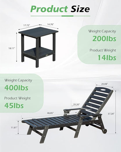 Domi Pool Lounge Chairs Set of 2 with Table, HDPE Outdoor Chaise Lounge Chairs for Outside, Pool Loungers for Poolside, Patio, Sunbathing Tanning, Black