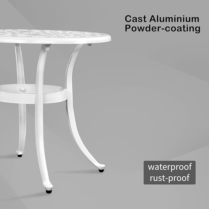 Cast Aluminum Round Table with 2 inch Umbrella Hole, Outdoor Patio End Side Table, Cocktail Coffee Bistro Table Weather Resistance, Adjustable Foot Pads for Garden, Porch, Balcony White