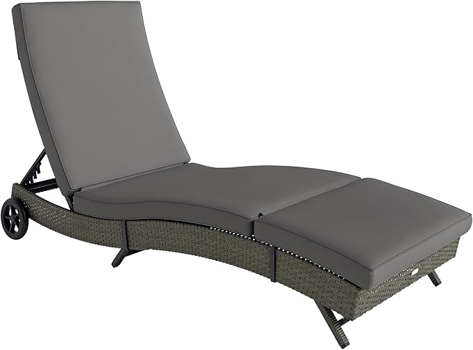 Outsunny Wicker Chaise Lounge Chair Outdoor with Wheels & Cushion, PE Rattan Patio Lounge Chair with 5-Level Adjustable Backrest for Poolside, Garden, Gray