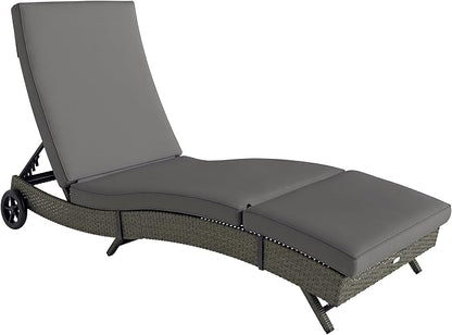 Outsunny Wicker Chaise Lounge Chair Outdoor with Wheels & Cushion, PE Rattan Patio Lounge Chair with 5-Level Adjustable Backrest for Poolside, Garden, Gray