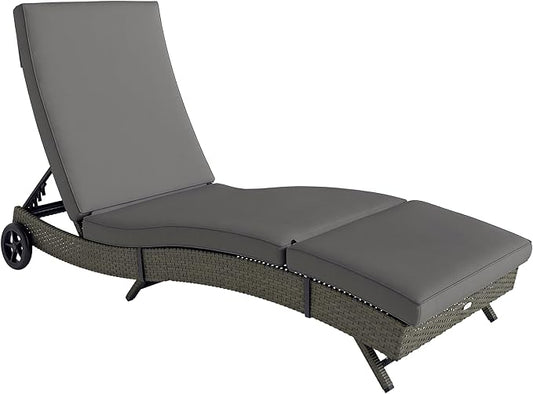 Outsunny Wicker Chaise Lounge Chair Outdoor with Wheels & Cushion, PE Rattan Patio Lounge Chair with 5-Level Adjustable Backrest for Poolside, Garden, Gray