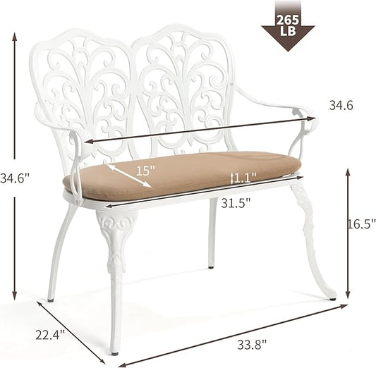 HOMEFUN Outdoor Bench with Cushion - Patio Garden Benches Metal Loveseat Butterfly Cast-Aluminum Outside Furniture for Park Lawn Front Porch White