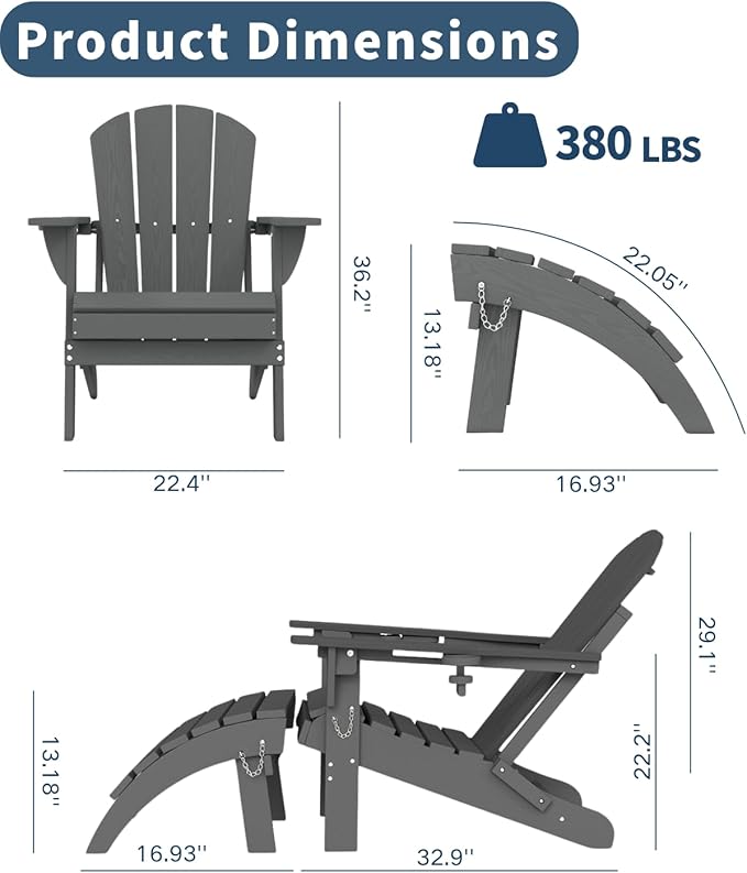 Adirondack Chair with Table Set,HDPE Plastic All Weather Fire Pit Chair with Cup Holder,3-Piece (Grey, 2 Chair &1 Table)
