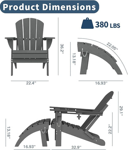 Adirondack Chair with Footrest Set of 4,Folding Adirondack Chair with Retractable Ottoman Set,HDPE All Weather Fire Pit Chair with Cup Holder,8-Piece(Grey, 4 Chair & 4 footrest)