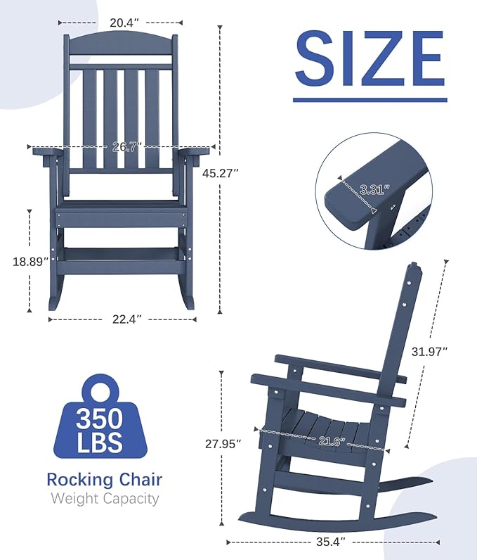 FOOWIN Outdoor Rocking Chair Set of 8, High Back Patio Rocking Chair, HDPE All Weather Resistant Porch Rocker for Adult, Oversized Rocking Chairs for Garden, Lawn, Indoor & Outdoor Use, Navy Blue