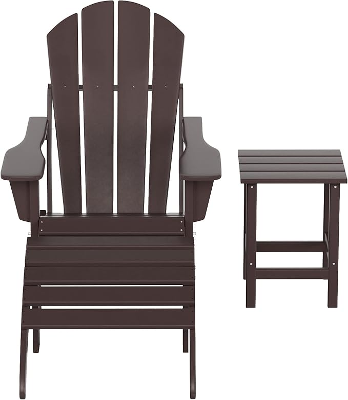 WestinTrends Malibu Outdoor Lounge Chairs, 3-Pieces Adirondack Chair Set with Ottoman and Side Table, All Weather Poly Lumber Patio Lawn Folding Chair for Outside Pool Garden Backyard, Dark Brown