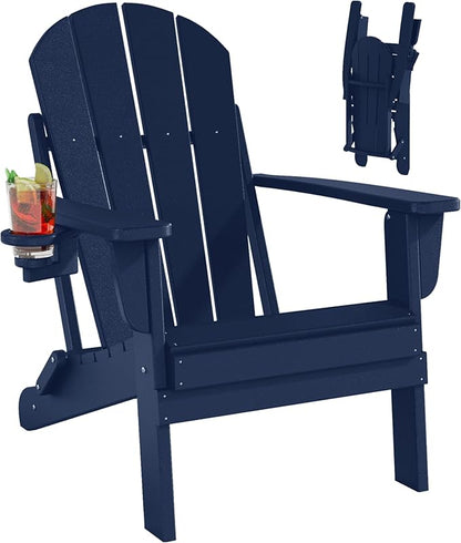 Folding Adirondack Chairs, All-Weather Resistant HDPE Patio Firepit Chairs, Sturdy Outside Chairs with Cup Holder, Lawn Chairs, 80% Pre-Installed Load Capacity 385lb, Navy Blue