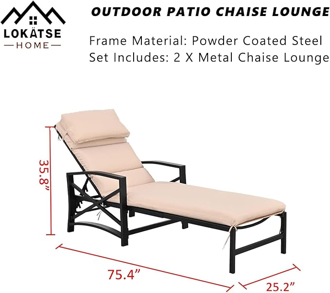 LOKATSE HOME Outdoor Patio Chaise Lounge Chair with Adjustable Backrest and Arms Metal Lounger Furniture All Weather, Khaki