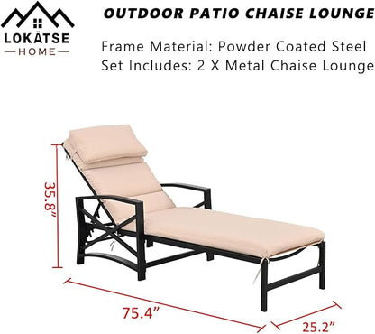 LOKATSE HOME Outdoor Patio Chaise Lounge Chair with Adjustable Backrest and Arms Metal Lounger Furniture All Weather, Khaki