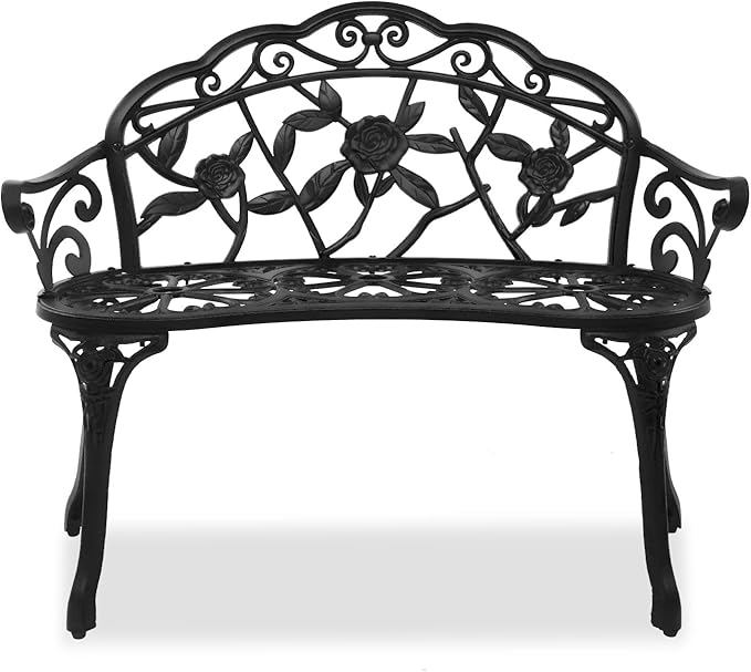 Black 38.5" Outdoor Cast Aluminum Outside Bench Seats Chair Patio Outdoor Garden Bench,Patio Park Bench, Front Porch Bench, Patio Porch Chair,Garden Bench Outdoor Patio Bench Chair,