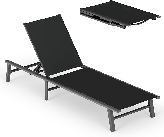 Ciokea Foldable Outdoor Lounge Chair, No Assembly Patio Chaise Lounge Outdoor with 5-Positions, Aluminum Pool Lounge Chair with Portable Design for Pool, Beach, Deck, Backyard, Black
