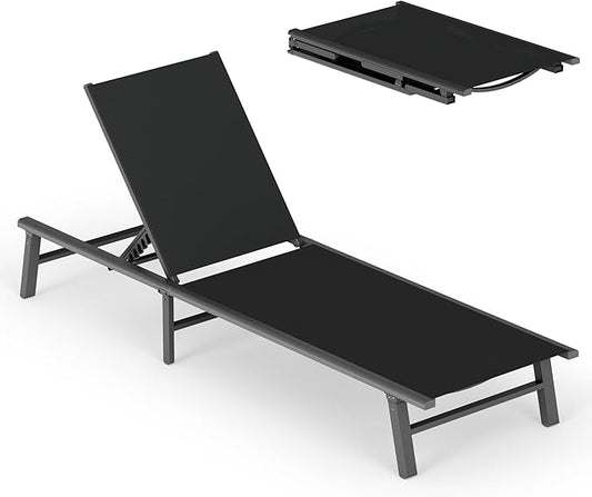 Ciokea Foldable Outdoor Lounge Chair, No Assembly Patio Chaise Lounge Outdoor with 5-Positions, Aluminum Pool Lounge Chair with Portable Design for Pool, Beach, Deck, Backyard, Black