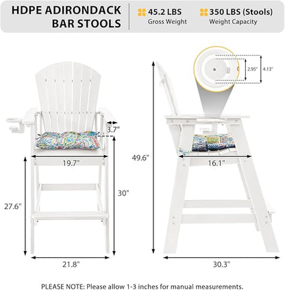 Sundale Outdoor Tall Adirondack Chairs Set of 2, 30 Inch Seat Height Patio Adirondack Bar Stools, HDPE Pub Chairs with Backrest, Tall Bistro Dining Counter Stool with Cushion, All-Weather, White