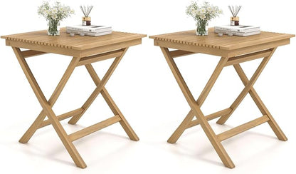 Tangkula 27.5 Inch Teak Wood Patio Dining Table, Square Outdoor Bistro Table with Slatted Tabletop, Sturdy Wood Frame & Thickened Top, Teak Outside Dining Table for Balcony, Deck, Backyard, 2 Pack